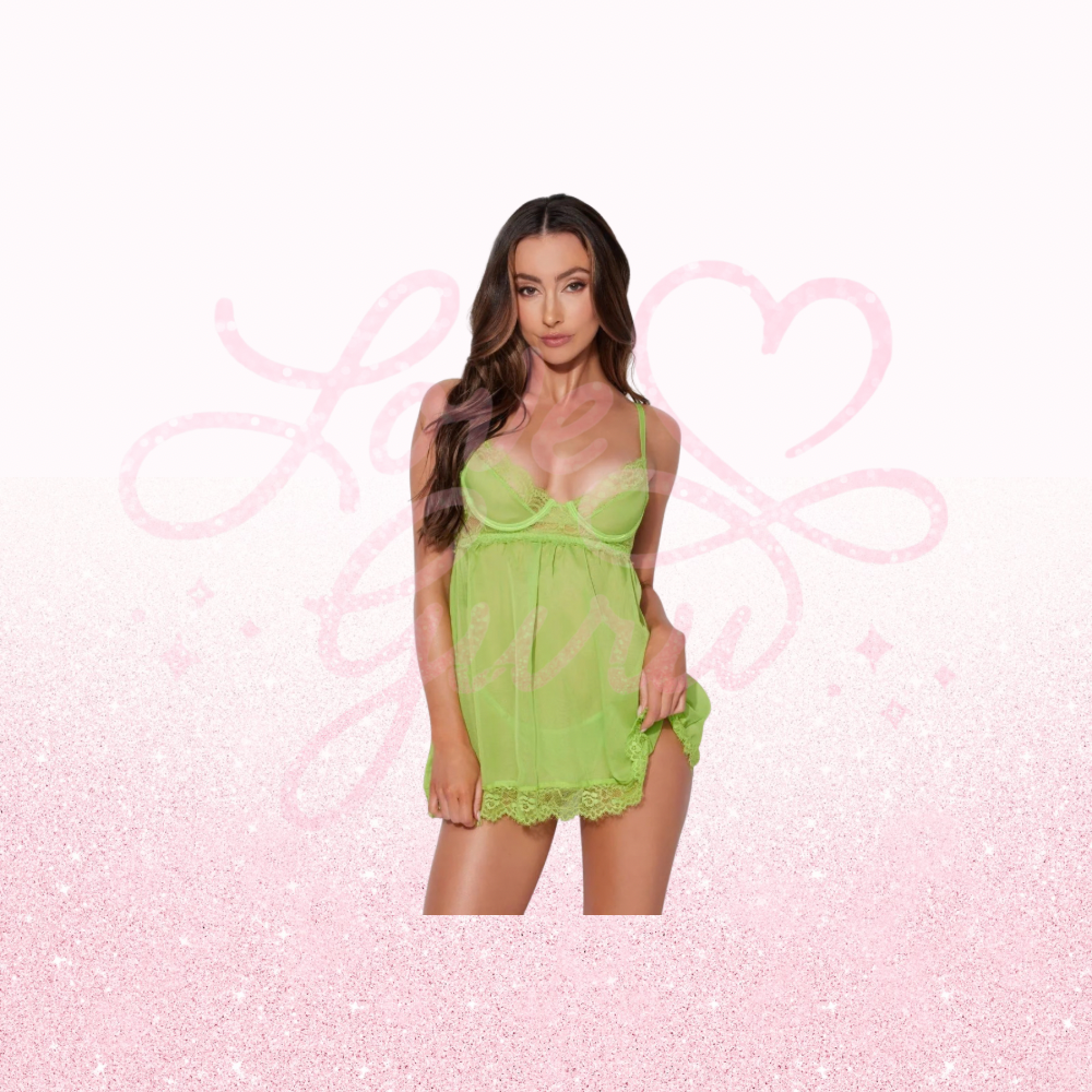 Babydoll & G-String Set-Neon Green