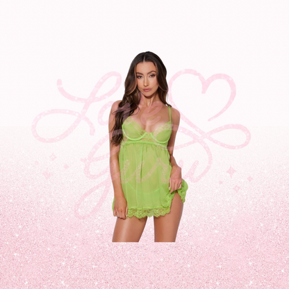 Babydoll & G-String Set-Neon Green